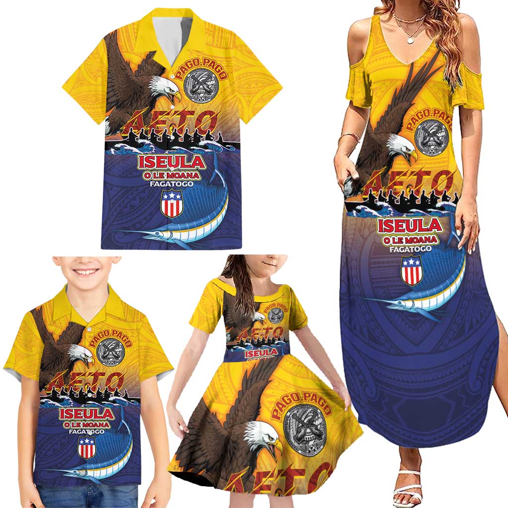 American Samoa Fautasi Family Matching Summer Maxi Dress and Hawaiian Shirt Bald Eage and Sailfish with Kakau Motifs - Wonder Print Shop