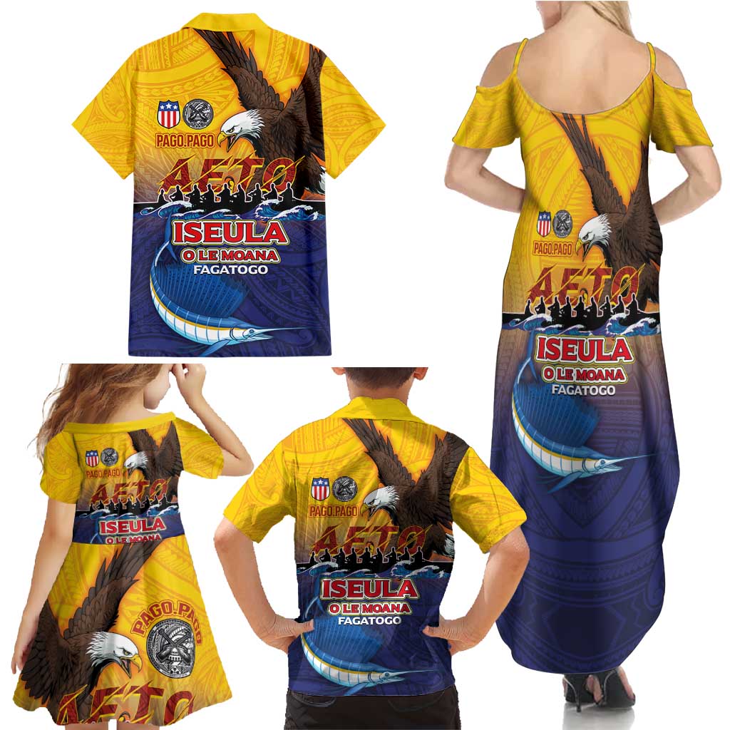 American Samoa Fautasi Family Matching Summer Maxi Dress and Hawaiian Shirt Bald Eage and Sailfish with Kakau Motifs - Wonder Print Shop
