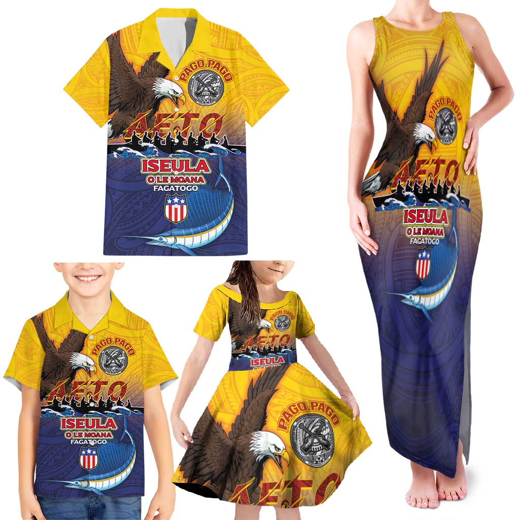 American Samoa Fautasi Family Matching Tank Maxi Dress and Hawaiian Shirt Bald Eage and Sailfish with Kakau Motifs - Wonder Print Shop