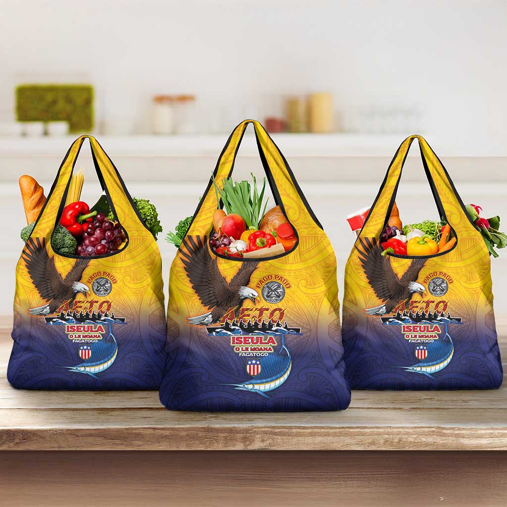 American Samoa Fautasi Grocery Bag Bald Eage and Sailfish with Kakau Motifs - Wonder Print Shop