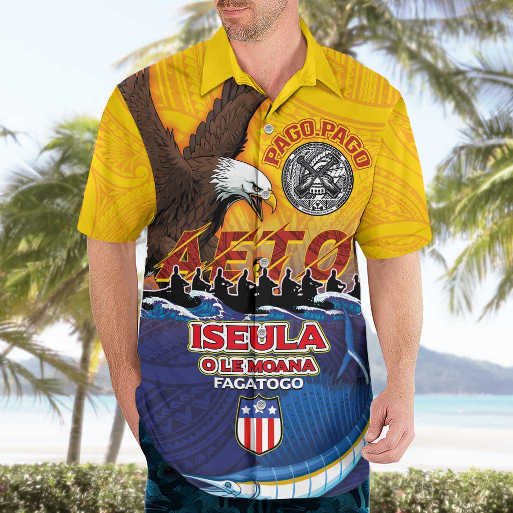 American Samoa Fautasi Hawaiian Shirt Bald Eage and Sailfish with Kakau Motifs - Wonder Print Shop