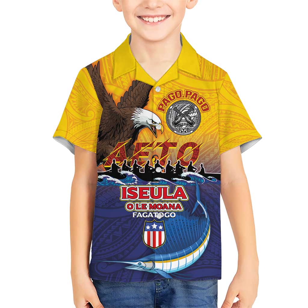 American Samoa Fautasi Kid Hawaiian Shirt Bald Eage and Sailfish with Kakau Motifs - Wonder Print Shop
