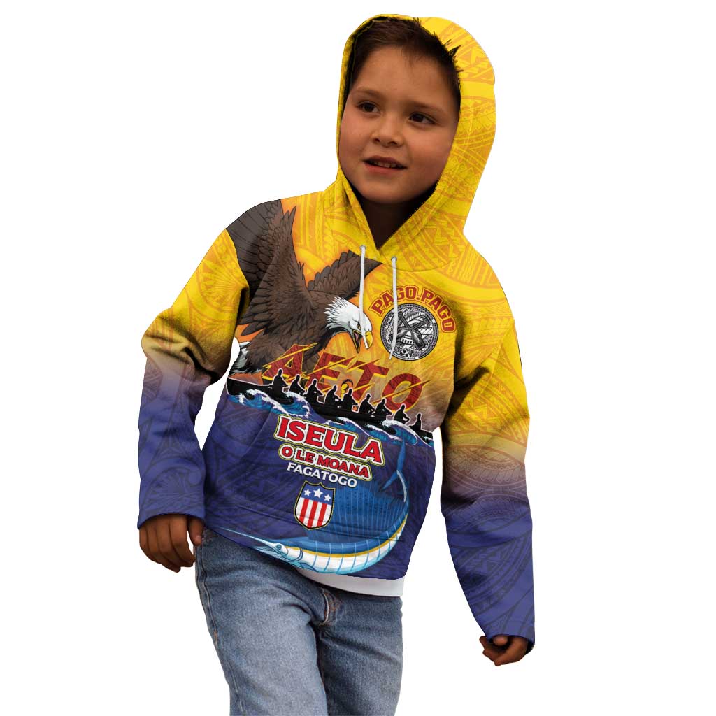 American Samoa Fautasi Kid Hoodie Bald Eage and Sailfish with Kakau Motifs - Wonder Print Shop