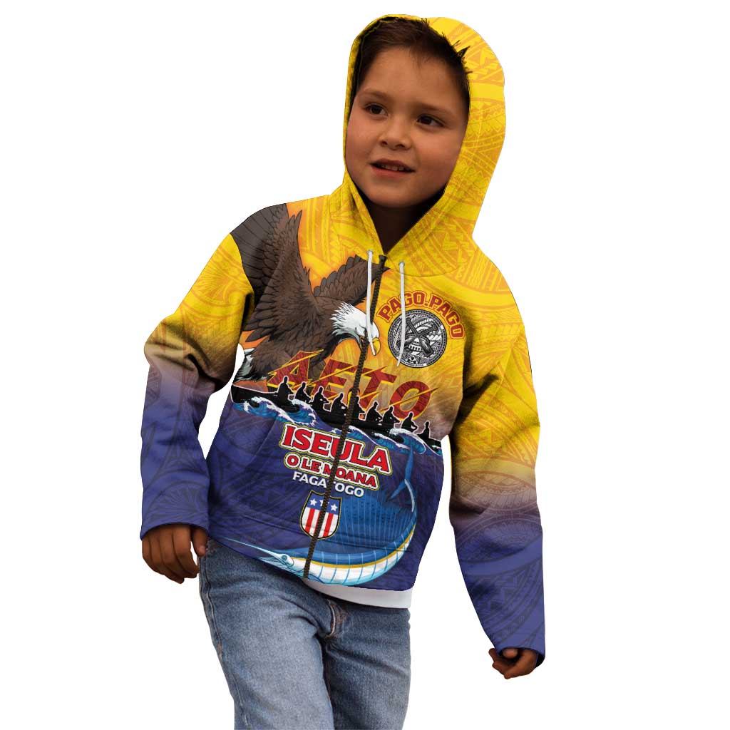 American Samoa Fautasi Kid Hoodie Bald Eage and Sailfish with Kakau Motifs - Wonder Print Shop