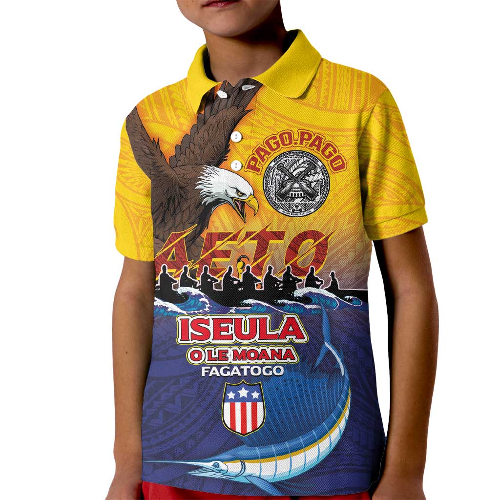 American Samoa Fautasi Kid Polo Shirt Bald Eage and Sailfish with Kakau Motifs - Wonder Print Shop