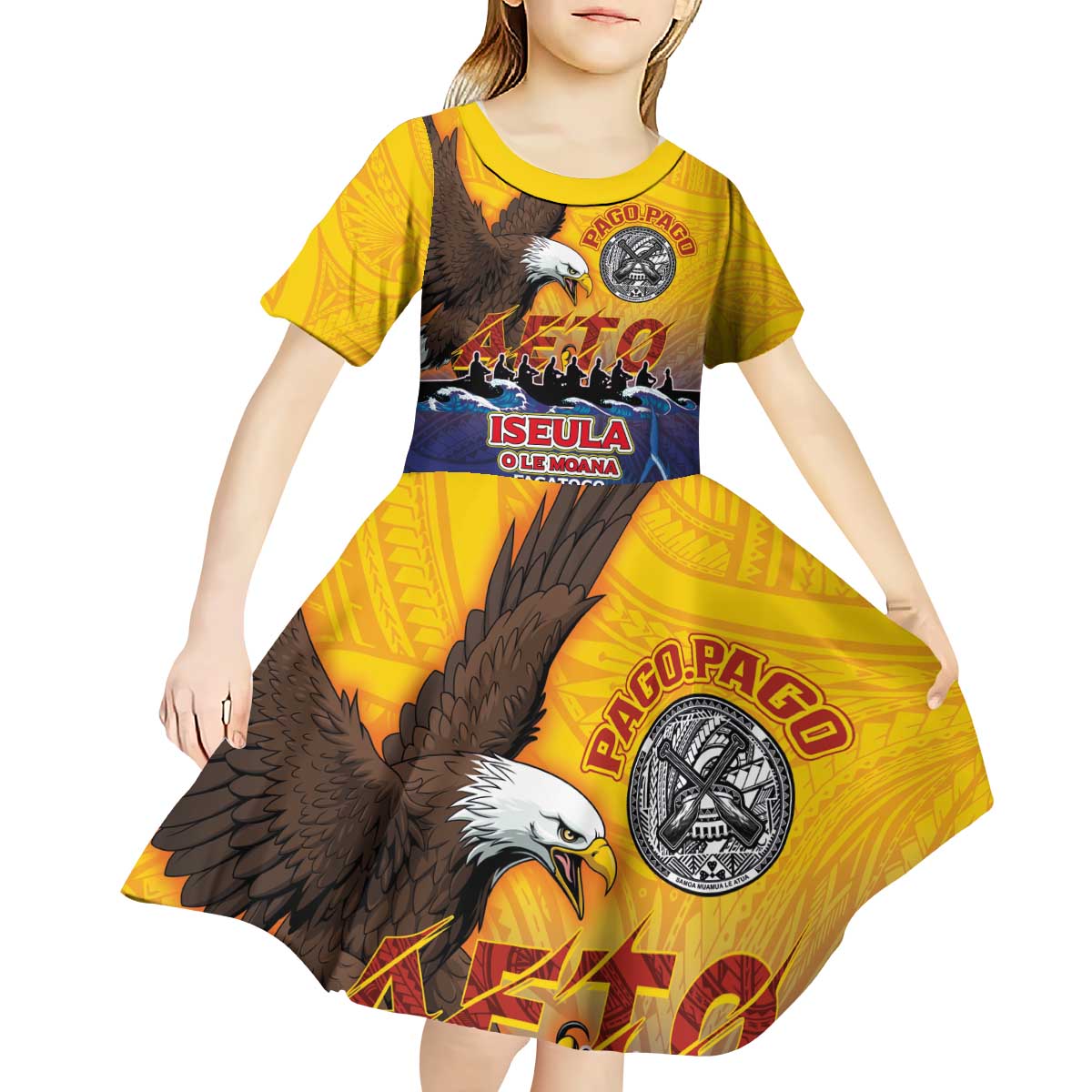 American Samoa Fautasi Kid Short Sleeve Dress Bald Eage and Sailfish with Kakau Motifs - Wonder Print Shop