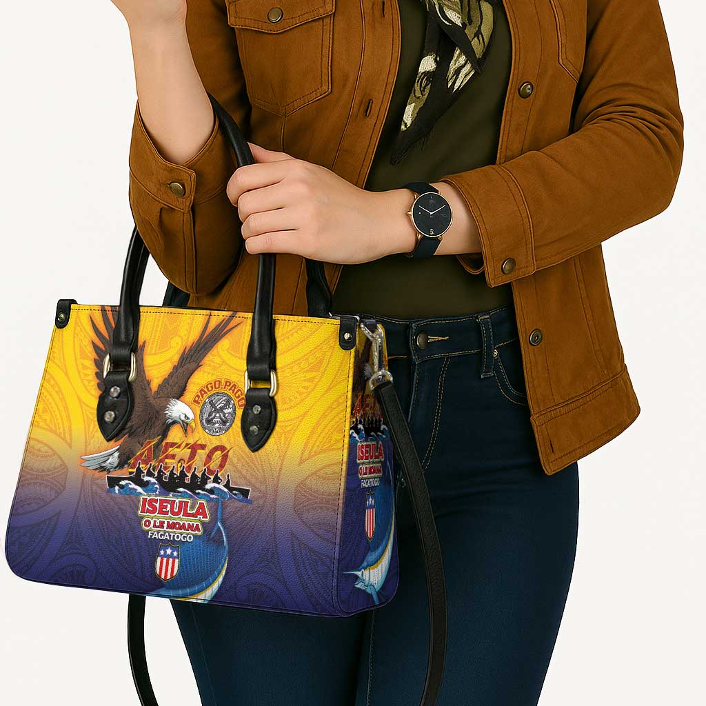 American Samoa Fautasi Leather Bag Bald Eage and Sailfish with Kakau Motifs - Wonder Print Shop