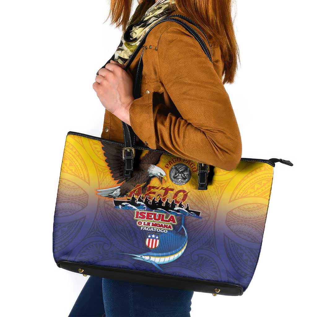 American Samoa Fautasi Leather Tote Bag Bald Eage and Sailfish with Kakau Motifs - Wonder Print Shop