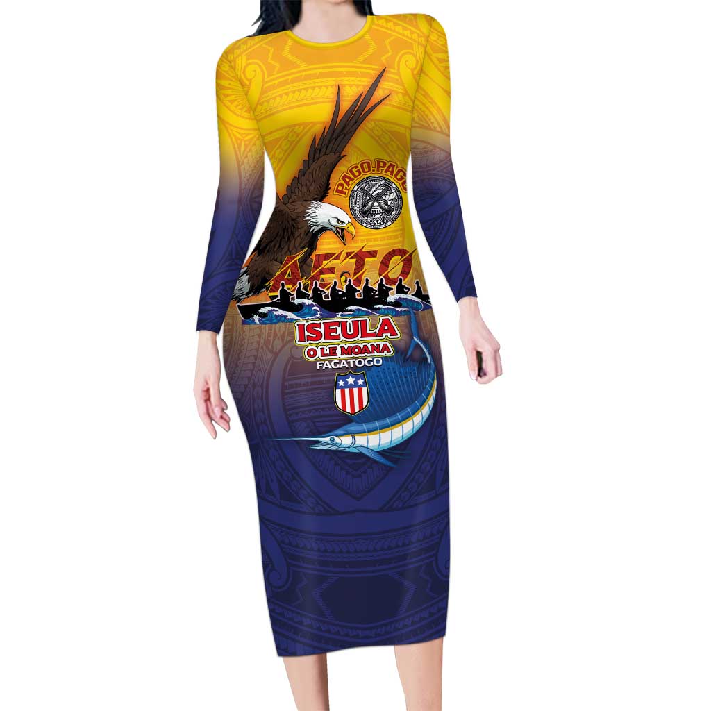American Samoa Fautasi Long Sleeve Bodycon Dress Bald Eage and Sailfish with Kakau Motifs - Wonder Print Shop