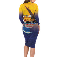 American Samoa Fautasi Long Sleeve Bodycon Dress Bald Eage and Sailfish with Kakau Motifs - Wonder Print Shop