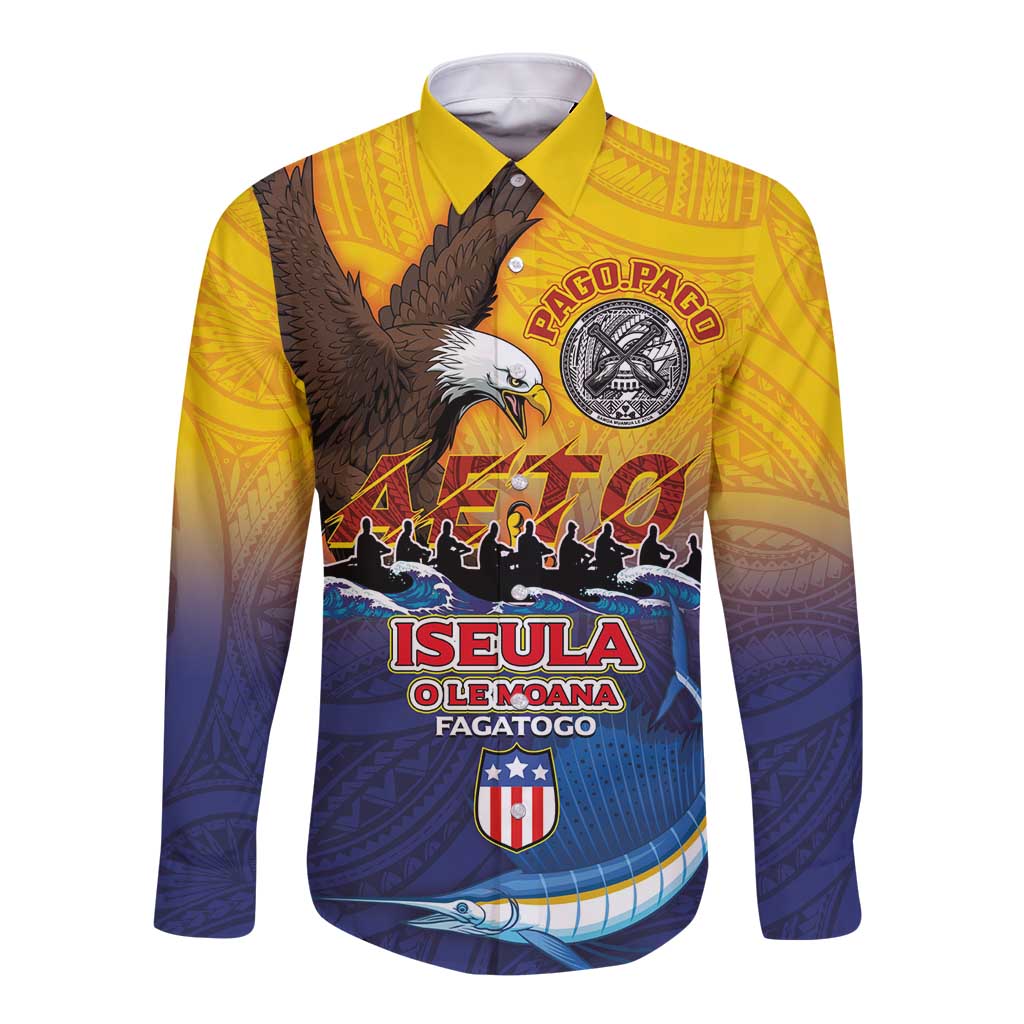 American Samoa Fautasi Long Sleeve Button Shirt Bald Eage and Sailfish with Kakau Motifs - Wonder Print Shop