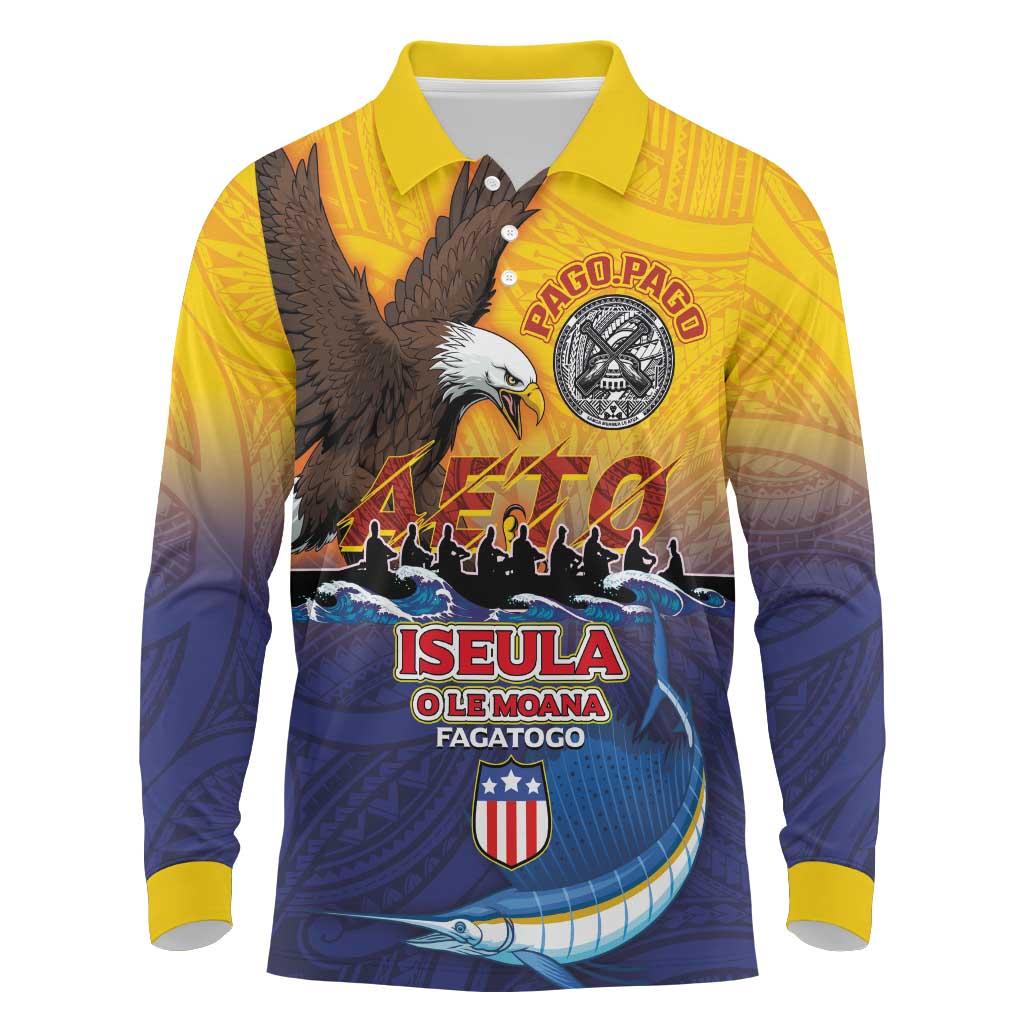 American Samoa Fautasi Long Sleeve Polo Shirt Bald Eage and Sailfish with Kakau Motifs - Wonder Print Shop