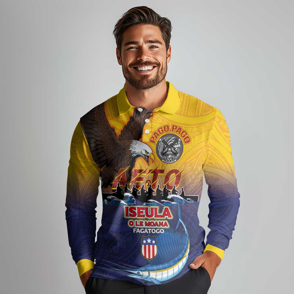 American Samoa Fautasi Long Sleeve Polo Shirt Bald Eage and Sailfish with Kakau Motifs - Wonder Print Shop