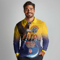 American Samoa Fautasi Long Sleeve Polo Shirt Bald Eage and Sailfish with Kakau Motifs - Wonder Print Shop