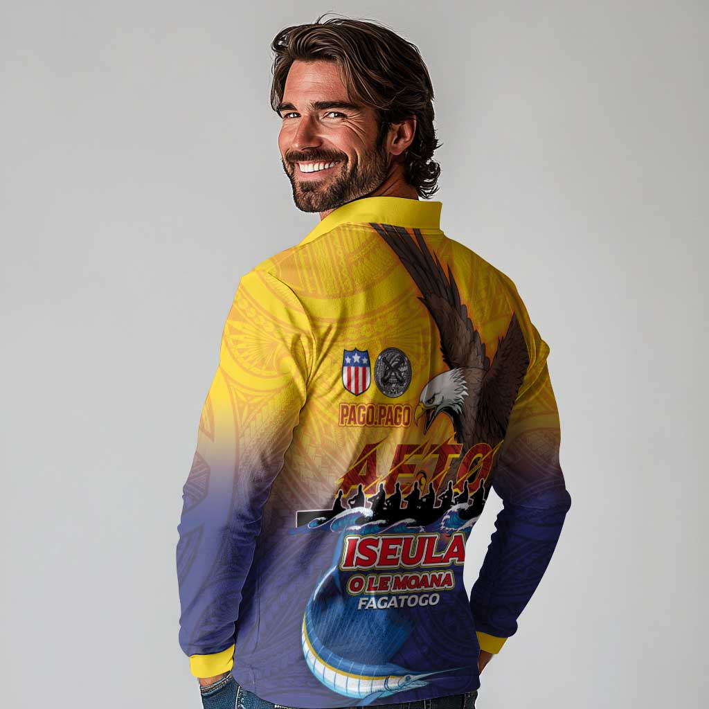 American Samoa Fautasi Long Sleeve Polo Shirt Bald Eage and Sailfish with Kakau Motifs - Wonder Print Shop