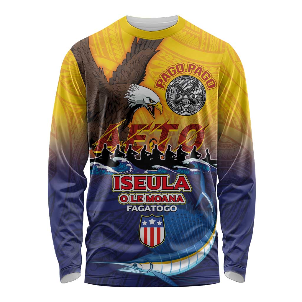 American Samoa Fautasi Long Sleeve Shirt Bald Eage and Sailfish with Kakau Motifs - Wonder Print Shop