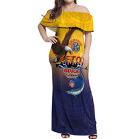 American Samoa Fautasi Off Shoulder Maxi Dress Bald Eage and Sailfish with Kakau Motifs - Wonder Print Shop