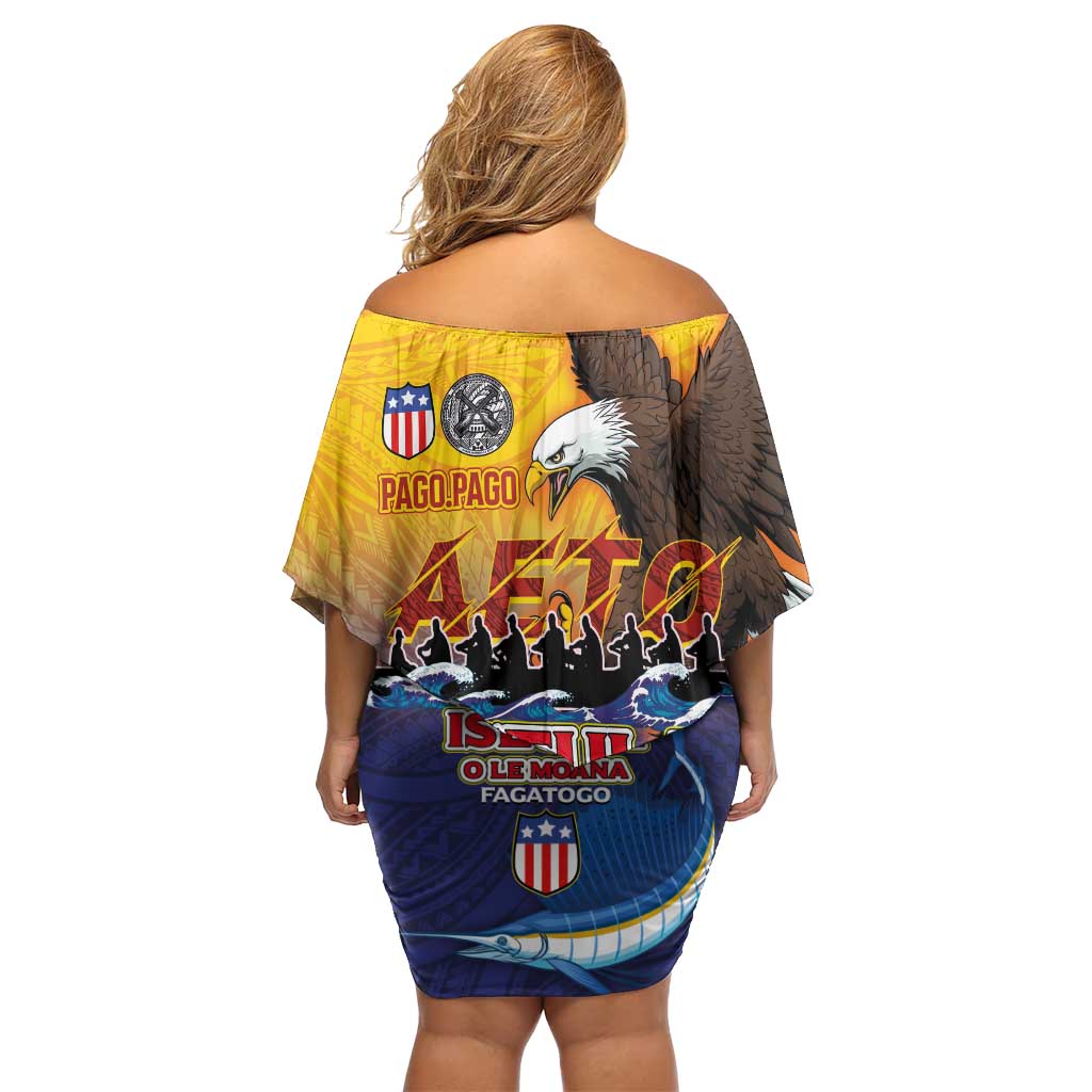 American Samoa Fautasi Off Shoulder Short Dress Bald Eage and Sailfish with Kakau Motifs - Wonder Print Shop