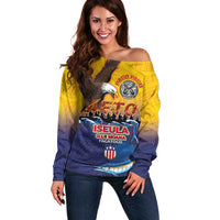 American Samoa Fautasi Off Shoulder Sweater Bald Eage and Sailfish with Kakau Motifs - Wonder Print Shop