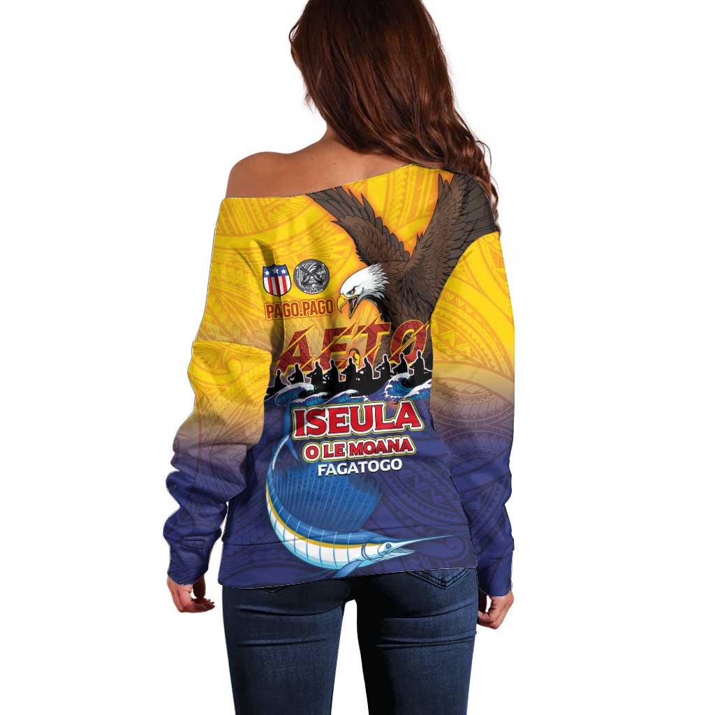 American Samoa Fautasi Off Shoulder Sweater Bald Eage and Sailfish with Kakau Motifs - Wonder Print Shop