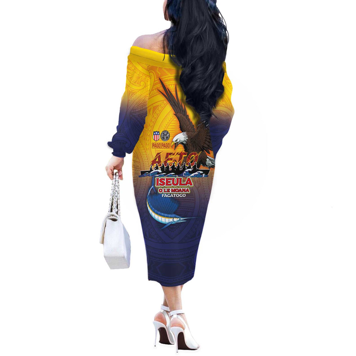 American Samoa Fautasi Off The Shoulder Long Sleeve Dress Bald Eage and Sailfish with Kakau Motifs - Wonder Print Shop