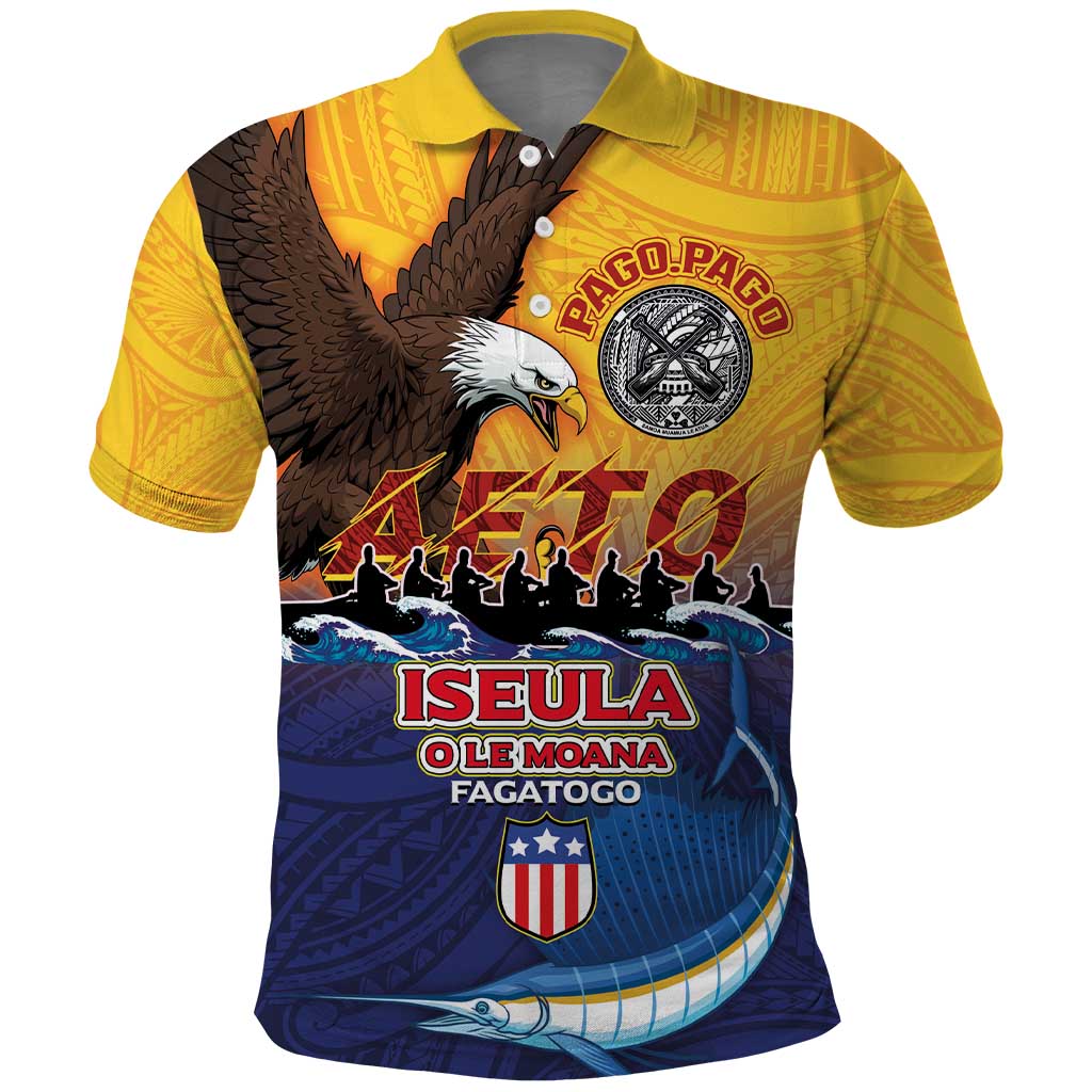 American Samoa Fautasi Polo Shirt Bald Eage and Sailfish with Kakau Motifs - Wonder Print Shop