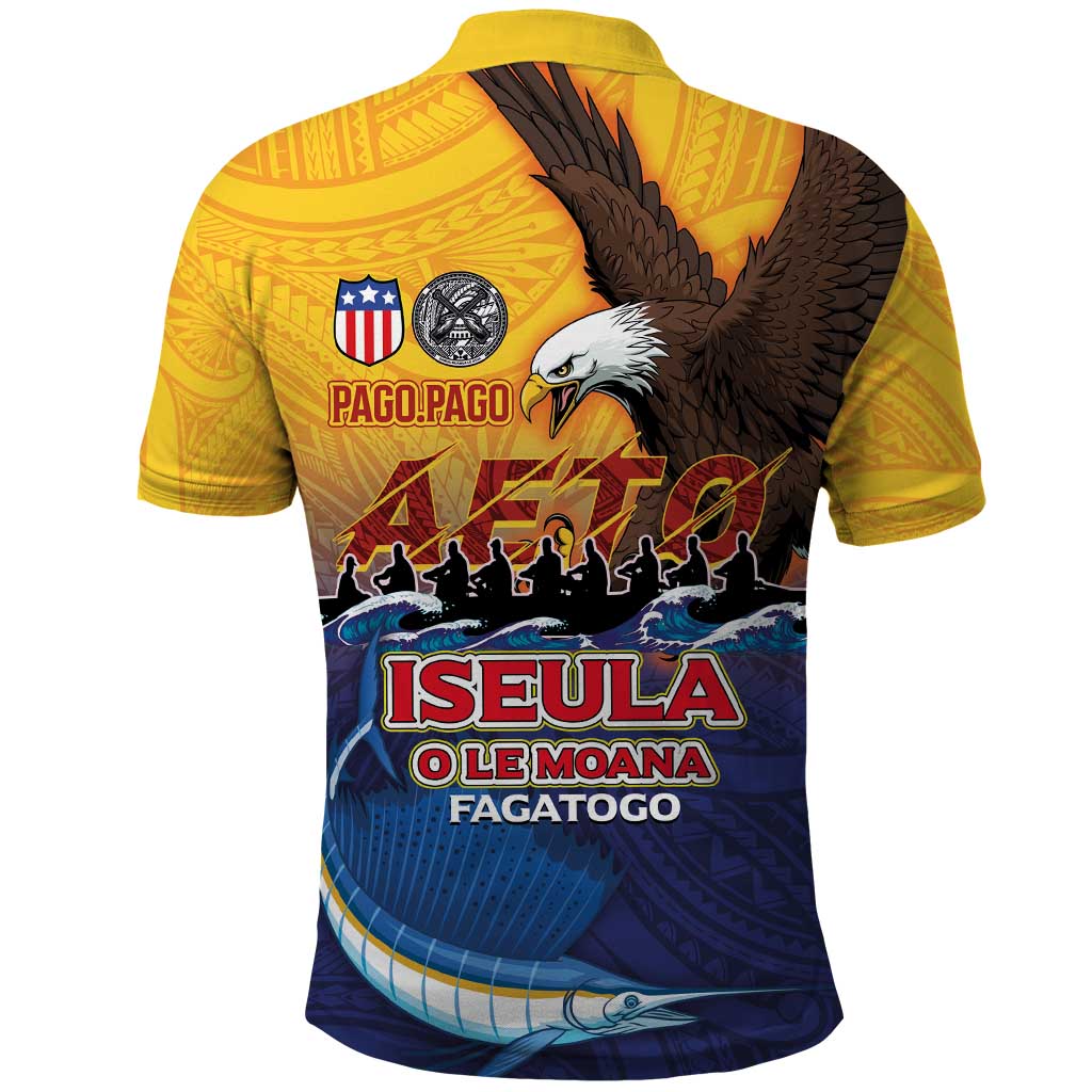 American Samoa Fautasi Polo Shirt Bald Eage and Sailfish with Kakau Motifs - Wonder Print Shop