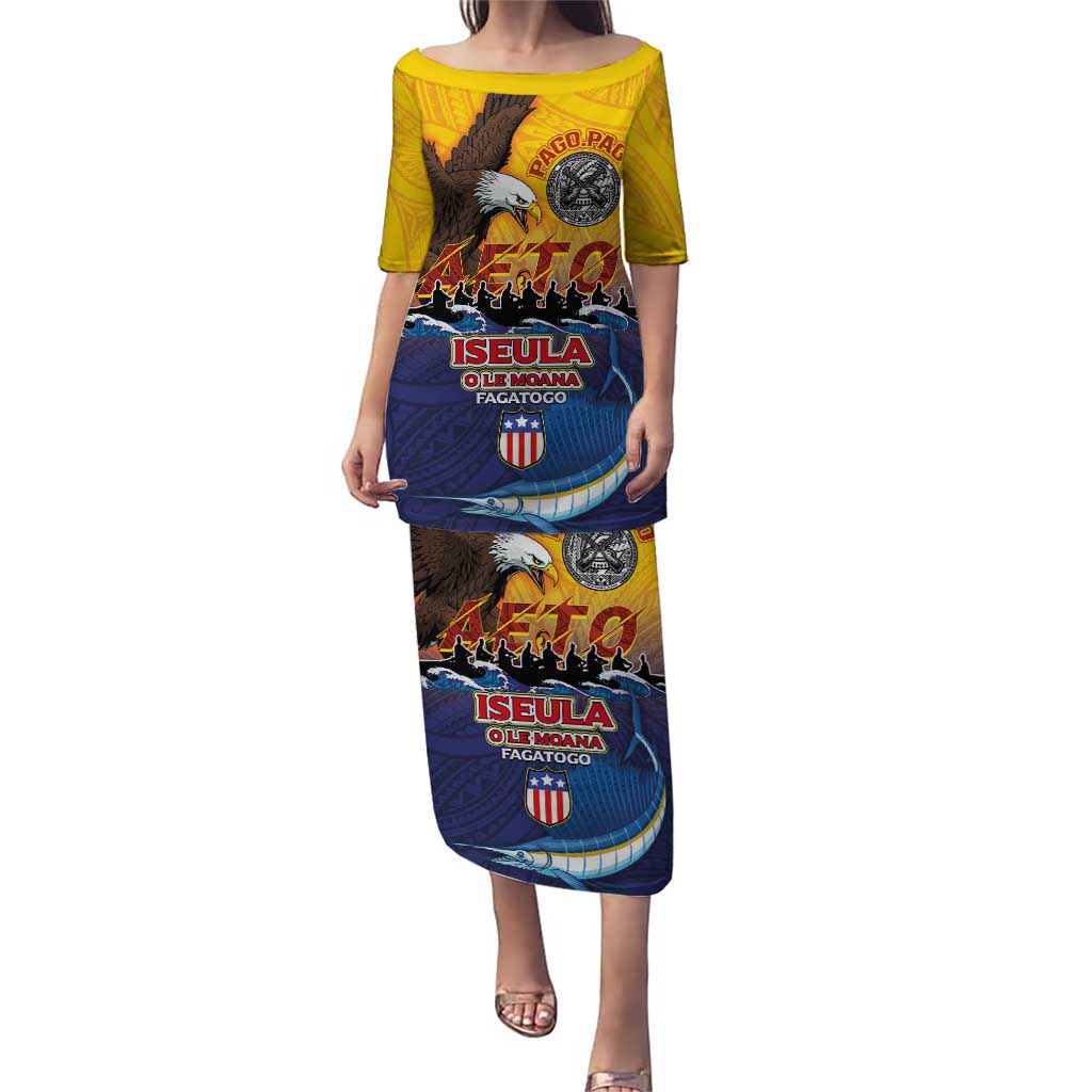 American Samoa Fautasi Puletasi Bald Eage and Sailfish with Kakau Motifs - Wonder Print Shop