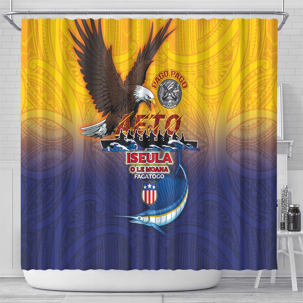 American Samoa Fautasi Shower Curtain Bald Eage and Sailfish with Kakau Motifs - Wonder Print Shop