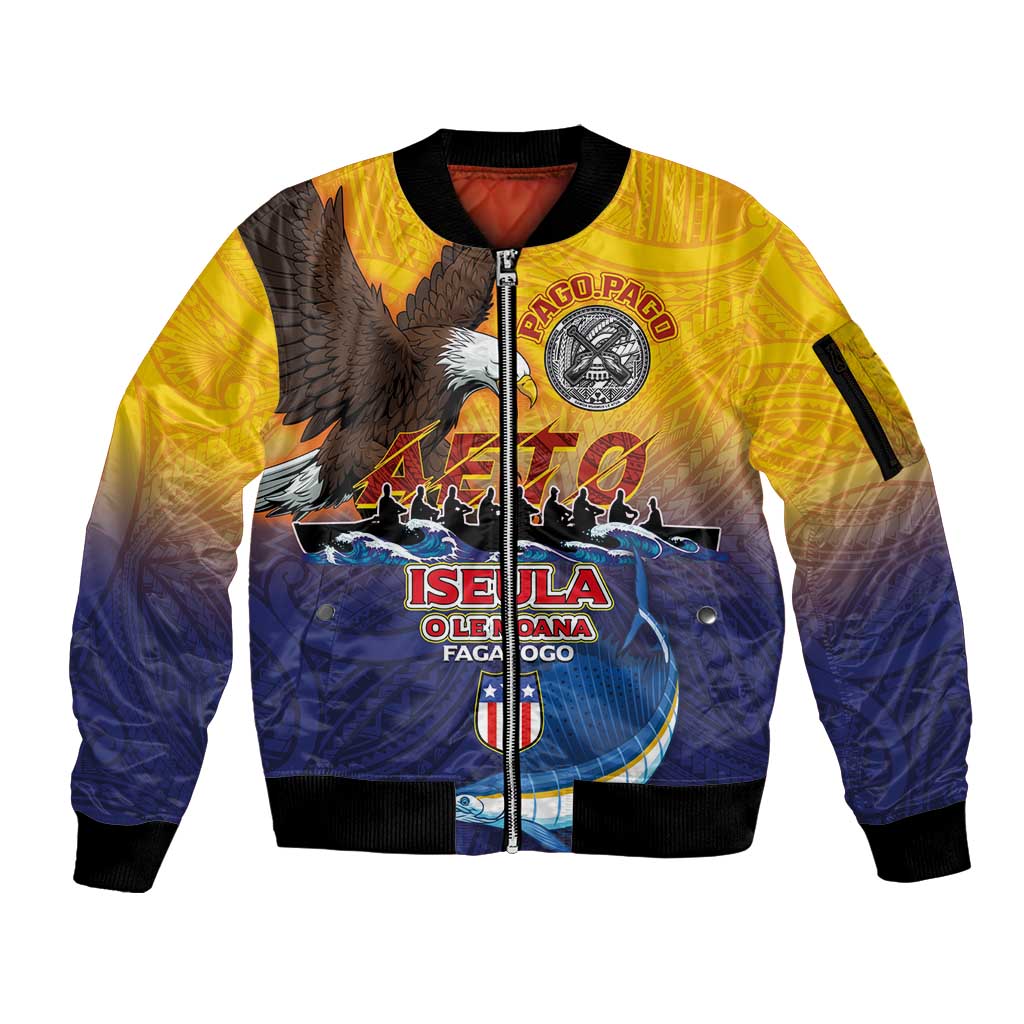 American Samoa Fautasi Sleeve Zip Bomber Jacket Bald Eage and Sailfish with Kakau Motifs - Wonder Print Shop