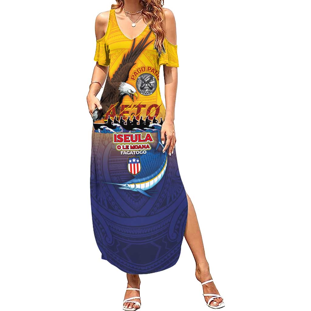 American Samoa Fautasi Summer Maxi Dress Bald Eage and Sailfish with Kakau Motifs - Wonder Print Shop