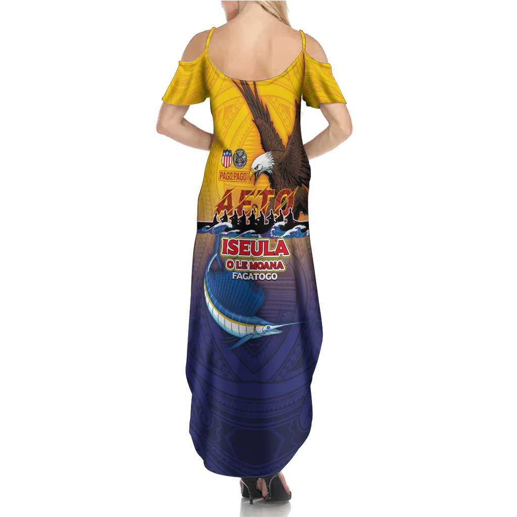 American Samoa Fautasi Summer Maxi Dress Bald Eage and Sailfish with Kakau Motifs - Wonder Print Shop