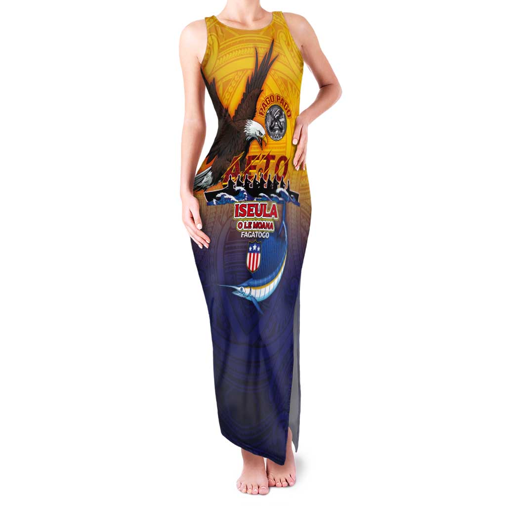 American Samoa Fautasi Tank Maxi Dress Bald Eage and Sailfish with Kakau Motifs - Wonder Print Shop