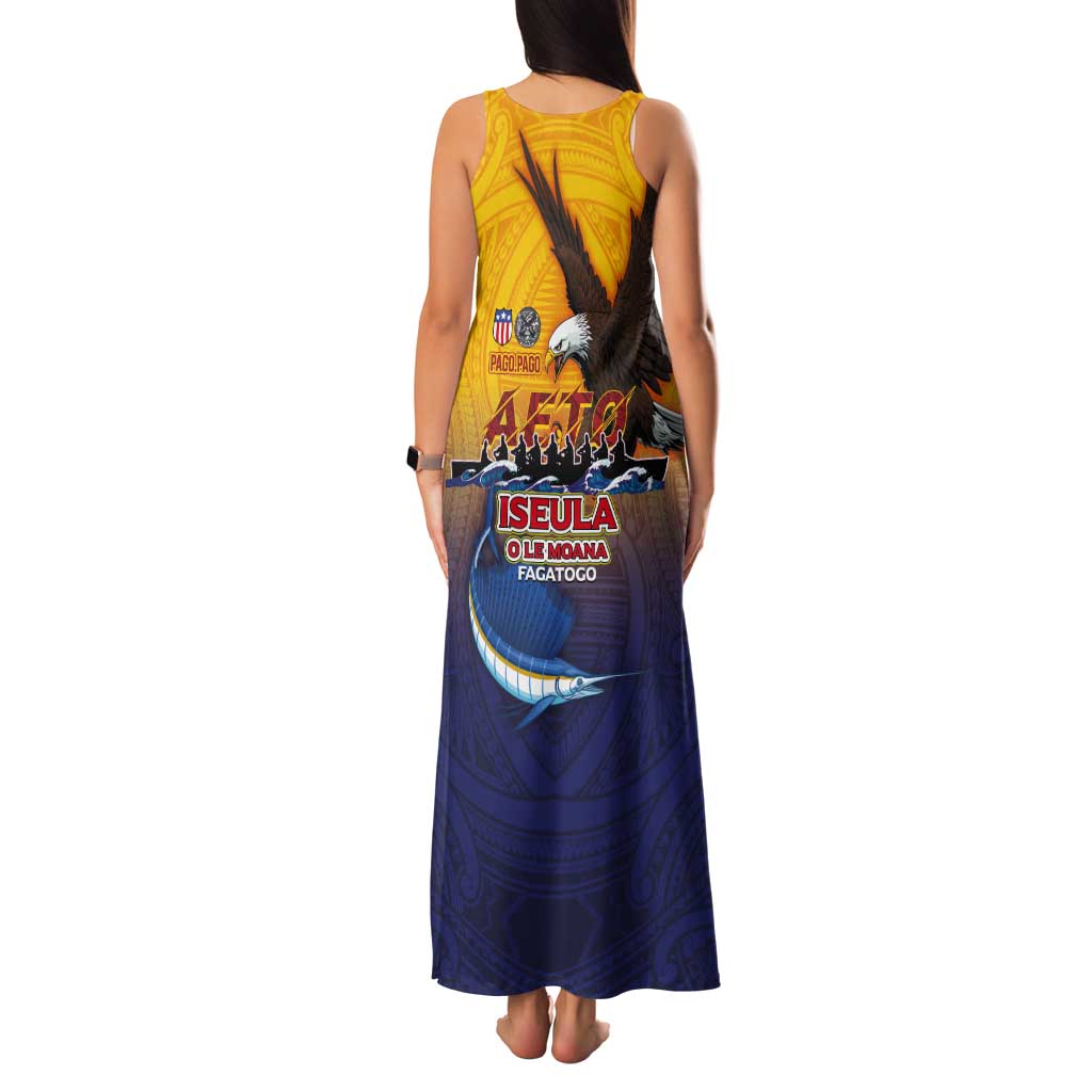 American Samoa Fautasi Tank Maxi Dress Bald Eage and Sailfish with Kakau Motifs - Wonder Print Shop