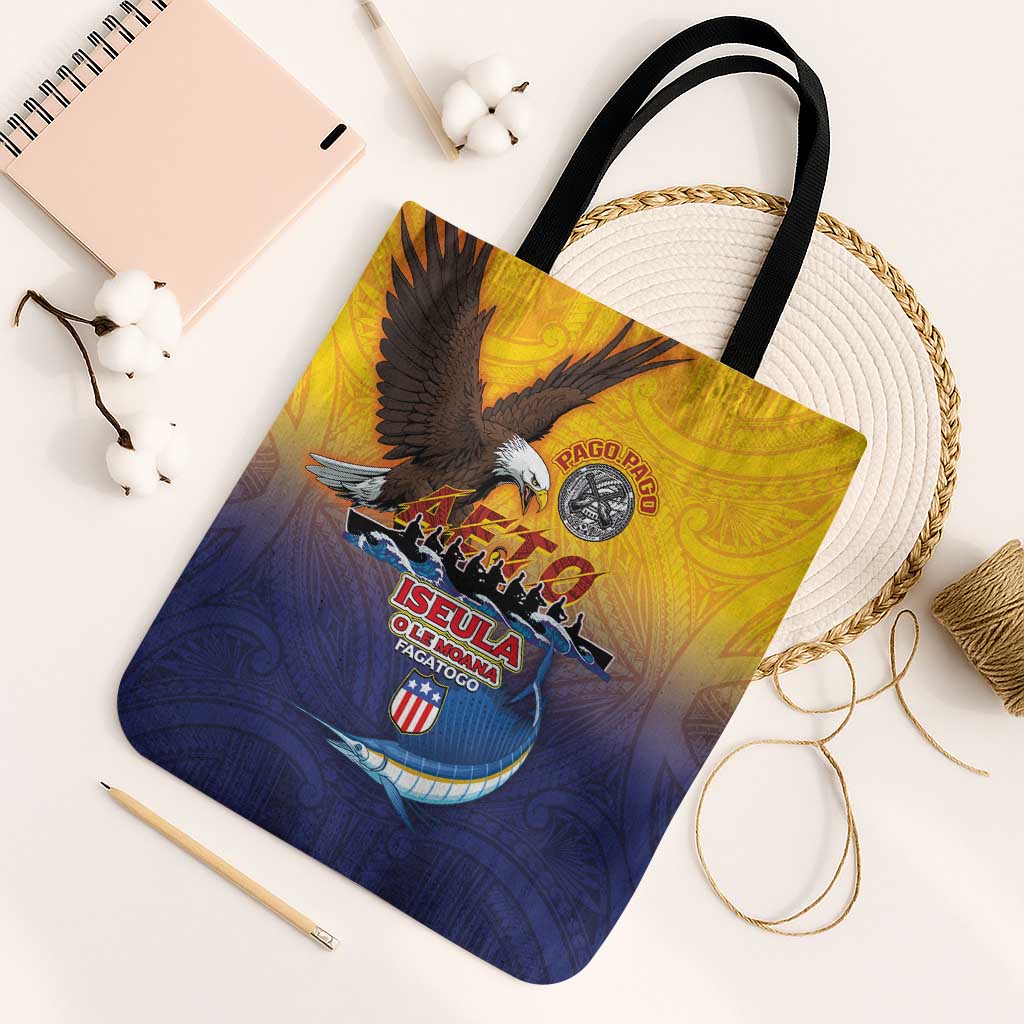 American Samoa Fautasi Tote Bag Bald Eage and Sailfish with Kakau Motifs - Wonder Print Shop