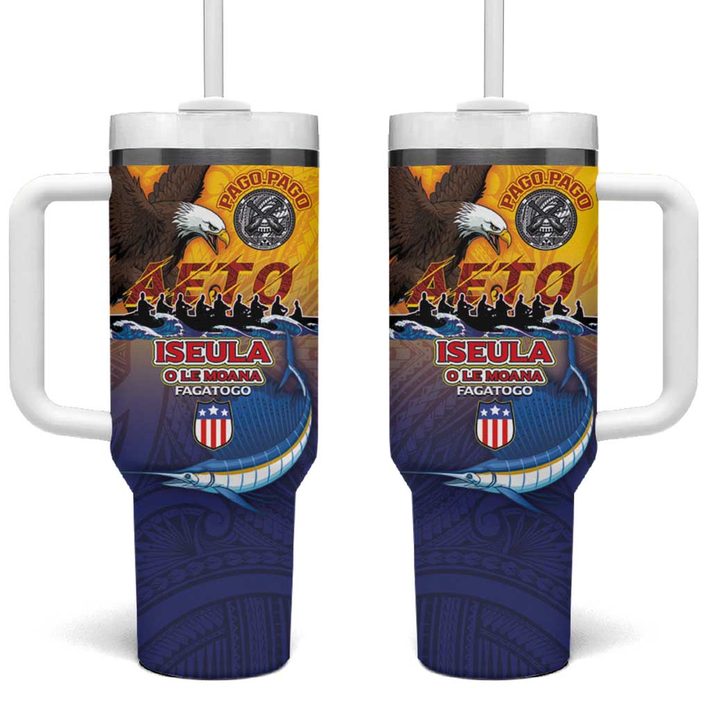 American Samoa Fautasi Tumbler With Handle Bald Eage and Sailfish with Kakau Motifs - Wonder Print Shop