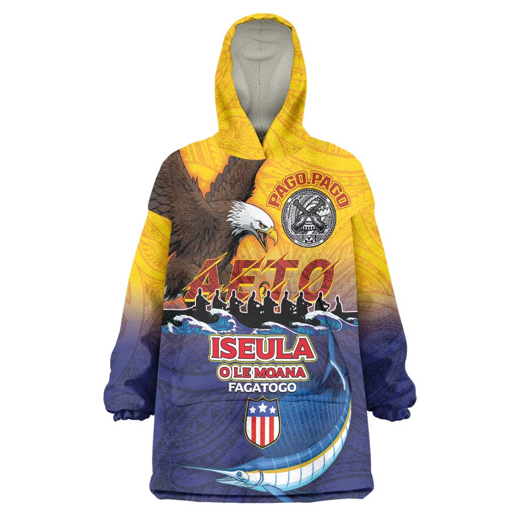American Samoa Fautasi Wearable Blanket Hoodie Bald Eage and Sailfish with Kakau Motifs - Wonder Print Shop