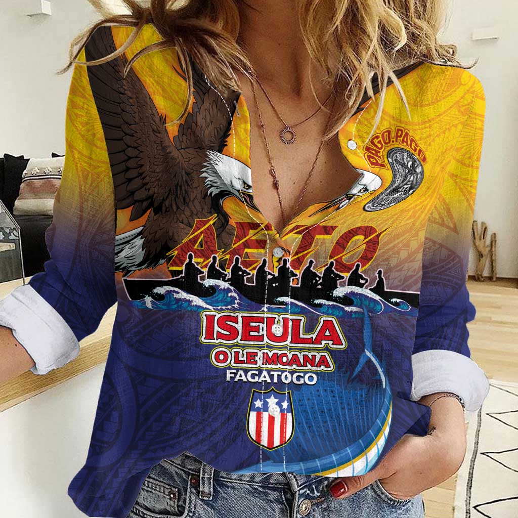 American Samoa Fautasi Women Casual Shirt Bald Eage and Sailfish with Kakau Motifs - Wonder Print Shop