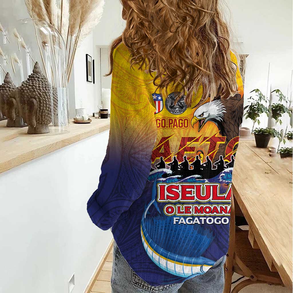 American Samoa Fautasi Women Casual Shirt Bald Eage and Sailfish with Kakau Motifs - Wonder Print Shop