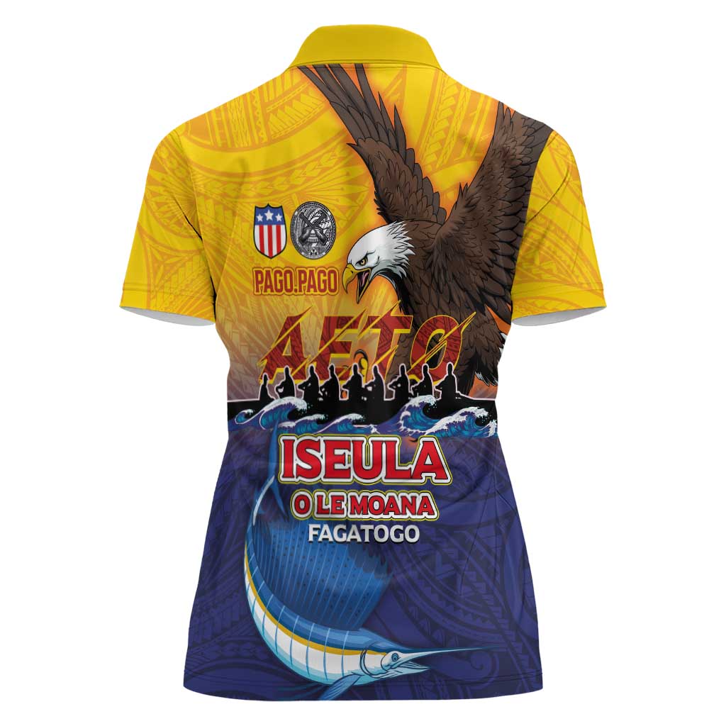 American Samoa Fautasi Women Polo Shirt Bald Eage and Sailfish with Kakau Motifs - Wonder Print Shop