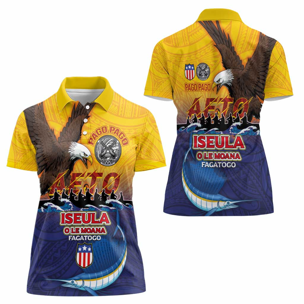 American Samoa Fautasi Women Polo Shirt Bald Eage and Sailfish with Kakau Motifs - Wonder Print Shop