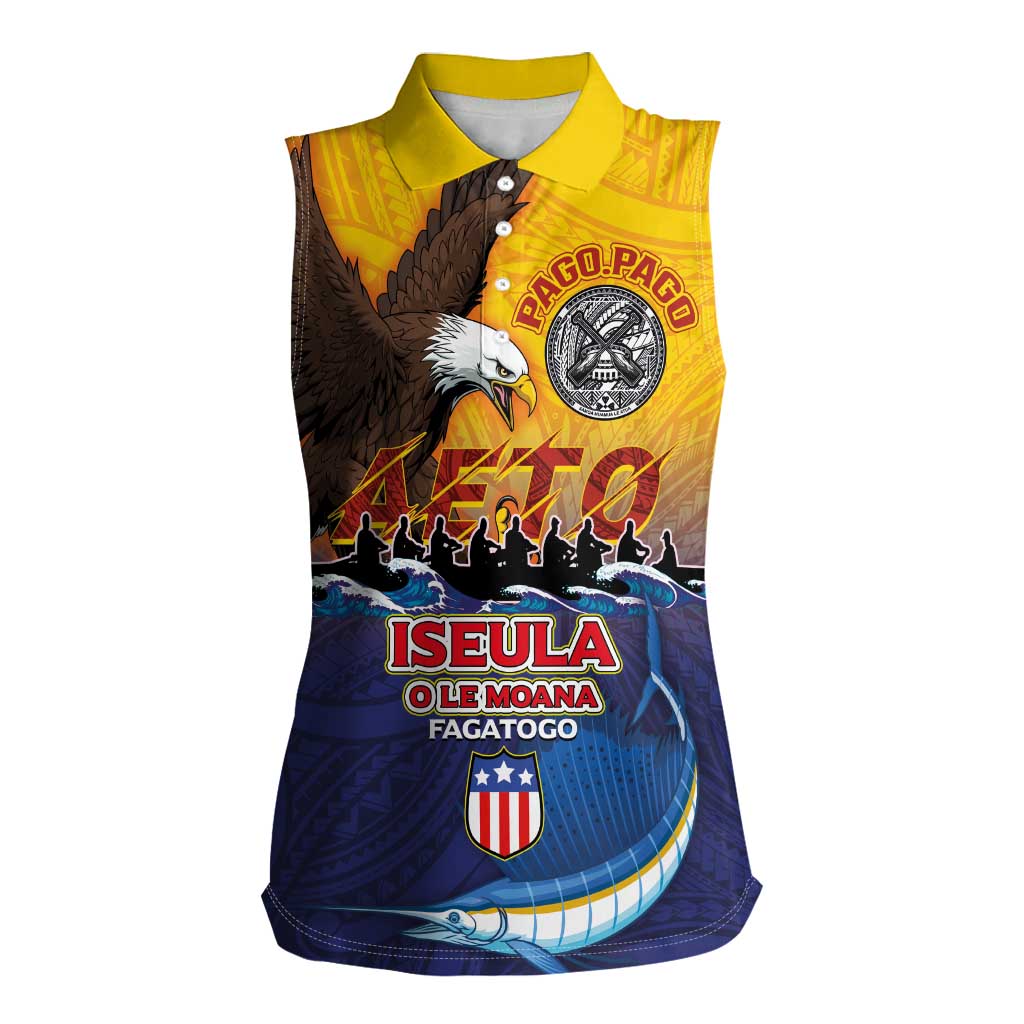 American Samoa Fautasi Women Sleeveless Polo Shirt Bald Eage and Sailfish with Kakau Motifs - Wonder Print Shop
