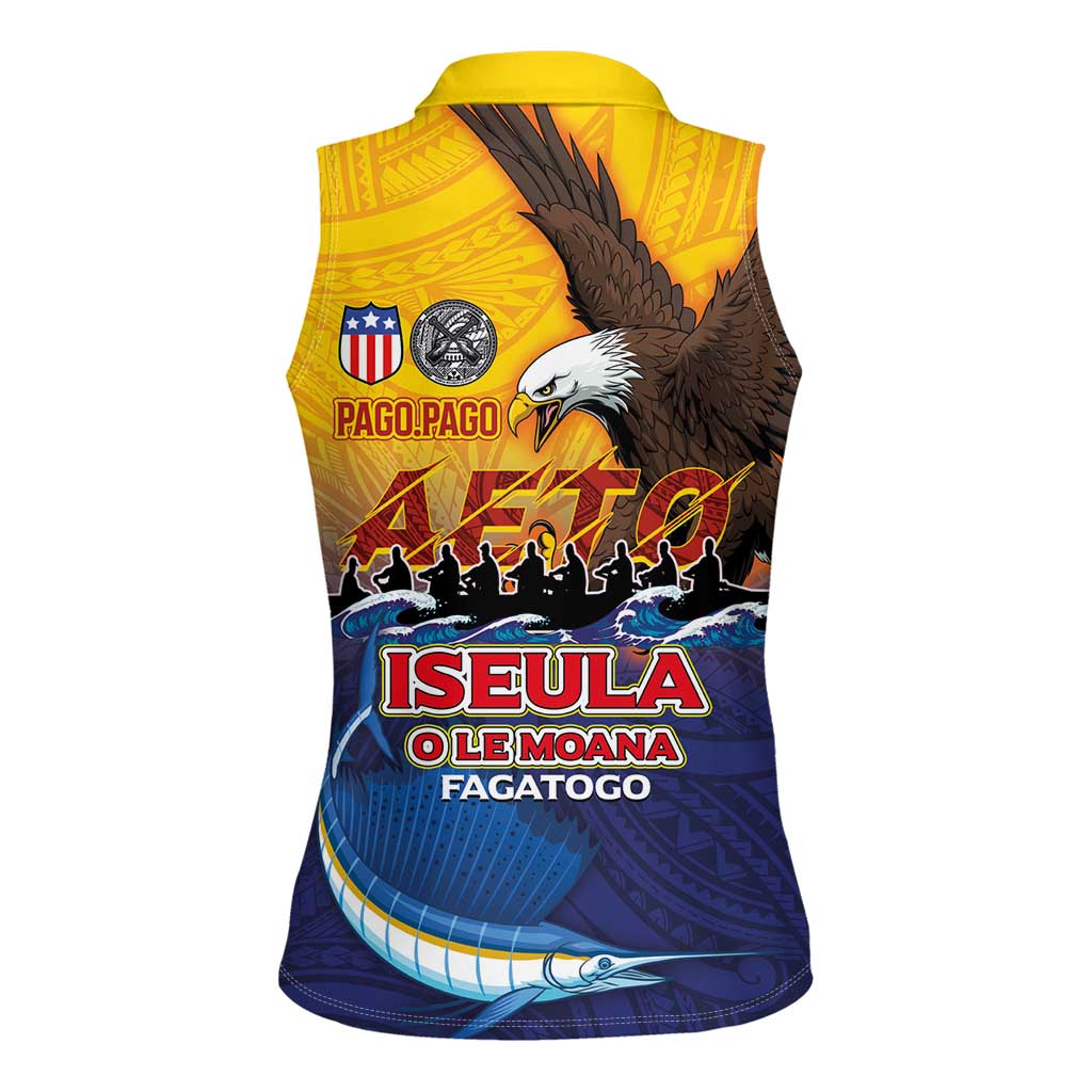 American Samoa Fautasi Women Sleeveless Polo Shirt Bald Eage and Sailfish with Kakau Motifs - Wonder Print Shop