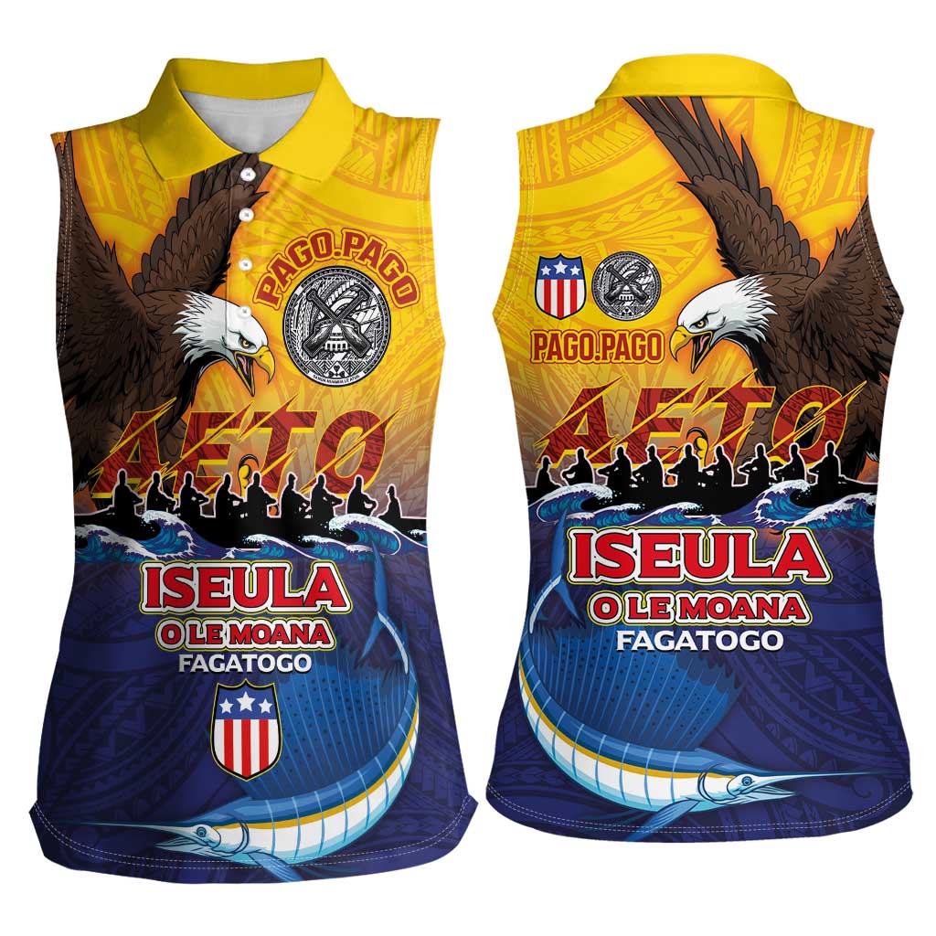 American Samoa Fautasi Women Sleeveless Polo Shirt Bald Eage and Sailfish with Kakau Motifs - Wonder Print Shop