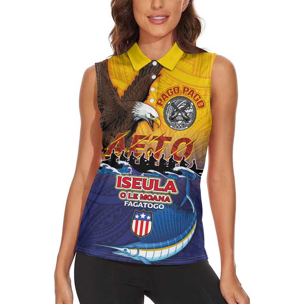 American Samoa Fautasi Women Sleeveless Polo Shirt Bald Eage and Sailfish with Kakau Motifs - Wonder Print Shop