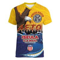 American Samoa Fautasi Women V-Neck T-Shirt Bald Eage and Sailfish with Kakau Motifs - Wonder Print Shop