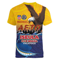 American Samoa Fautasi Women V-Neck T-Shirt Bald Eage and Sailfish with Kakau Motifs - Wonder Print Shop