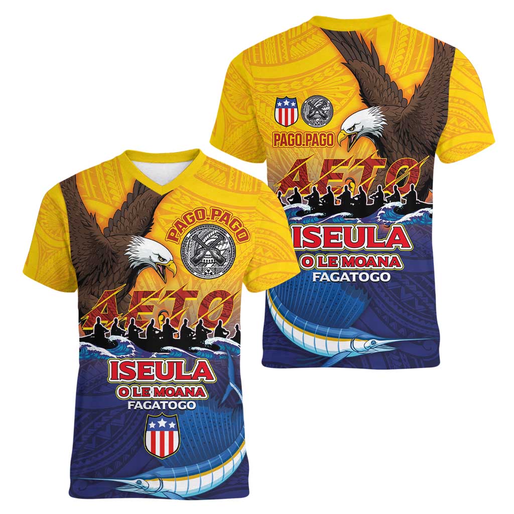 American Samoa Fautasi Women V-Neck T-Shirt Bald Eage and Sailfish with Kakau Motifs - Wonder Print Shop
