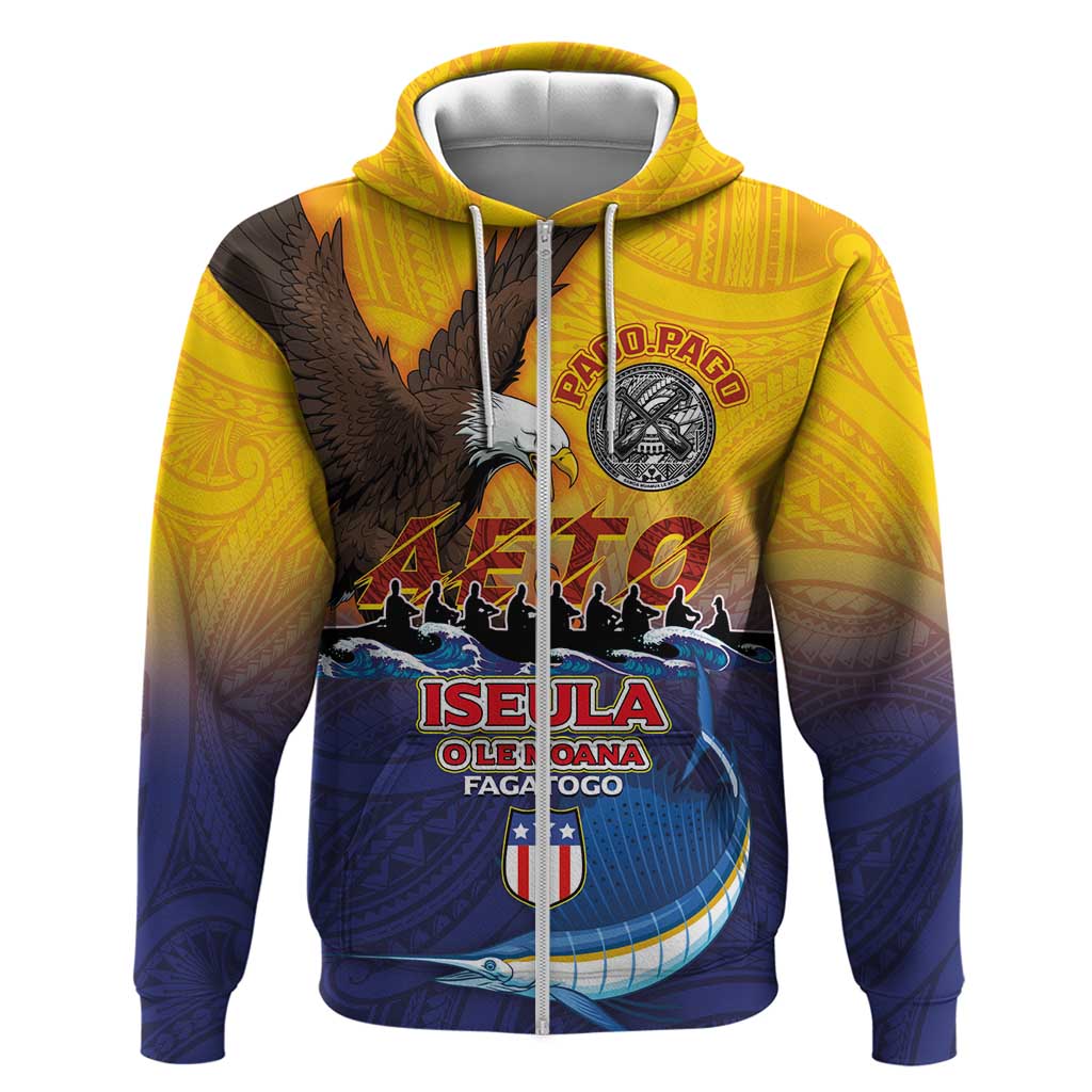 American Samoa Fautasi Zip Hoodie Bald Eage and Sailfish with Kakau Motifs - Wonder Print Shop