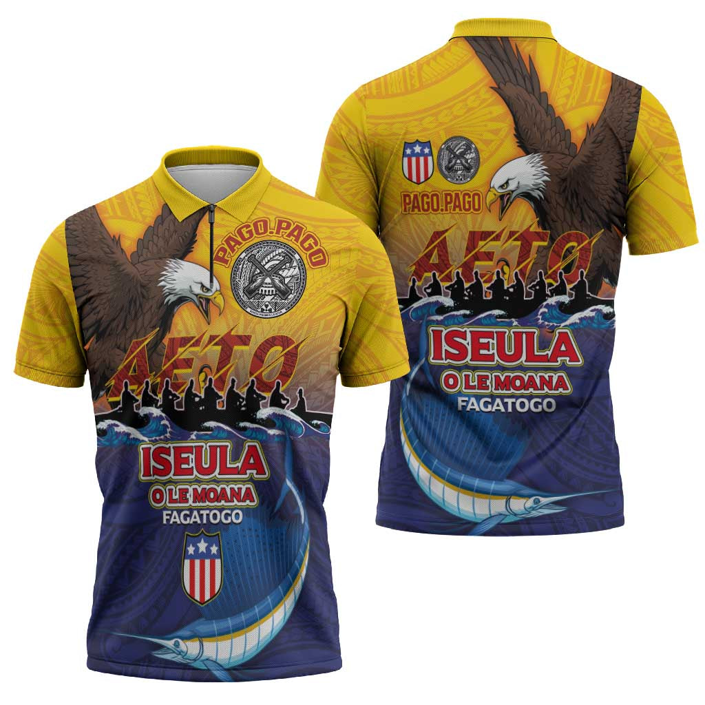American Samoa Fautasi Zipper Polo Shirt Bald Eage and Sailfish with Kakau Motifs - Wonder Print Shop